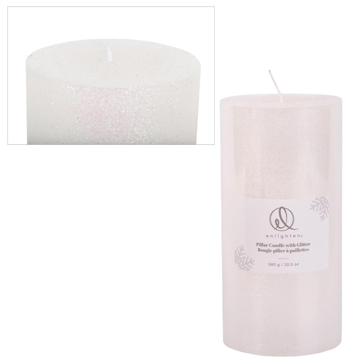Enlighten 2.95"x5.95" Metallic Wht. Pillar Candle w/Glitter, label