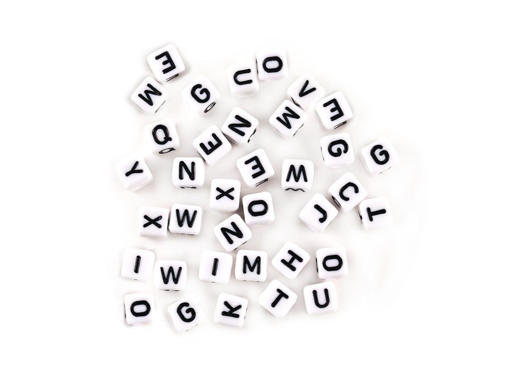 Alphabet Beads: 8mm Cube 36ct A) White w/Black Letters