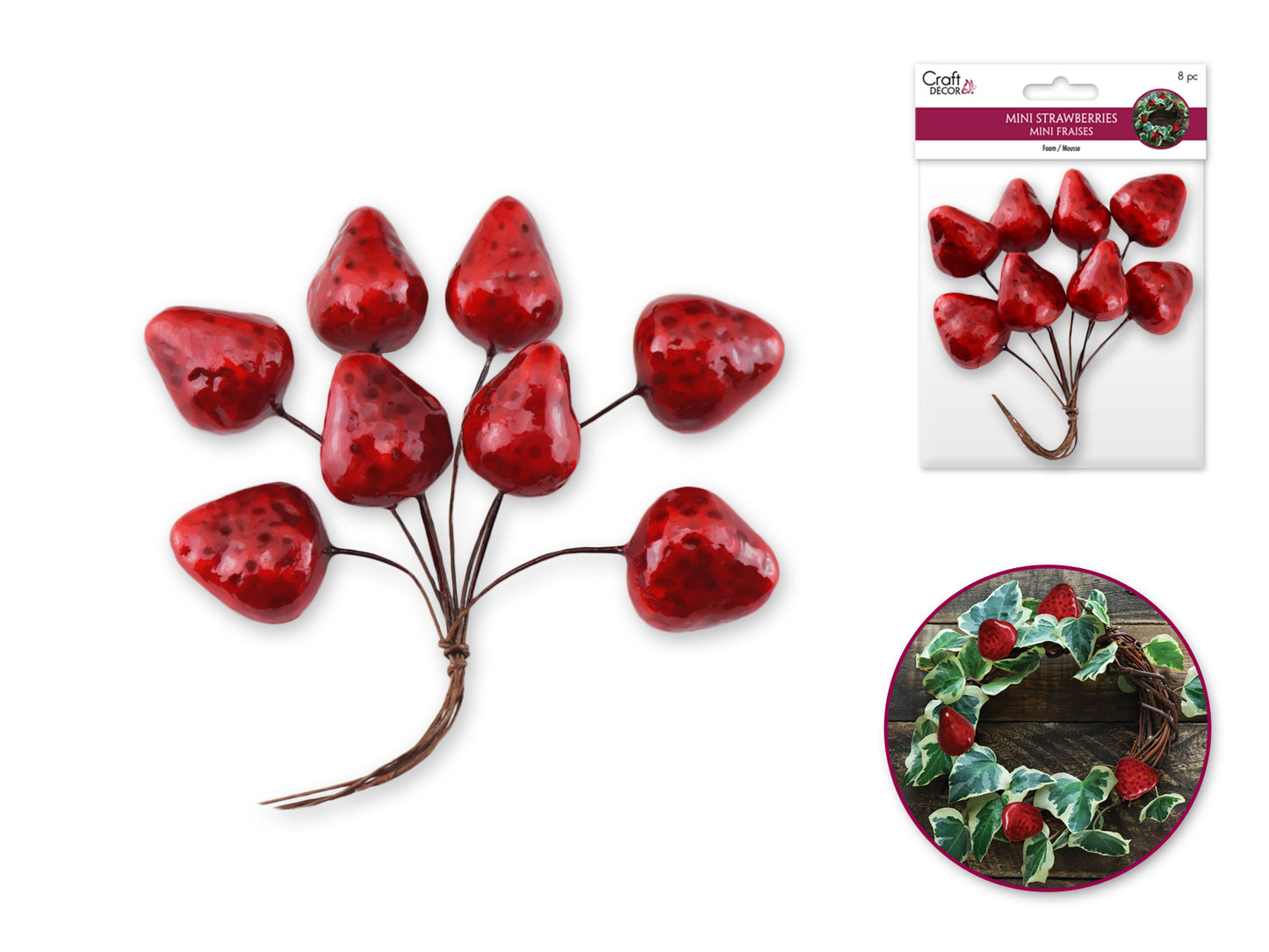 Craft Decor: 2.5cm Mini Strawberry Pick 8pc Foam Glossy