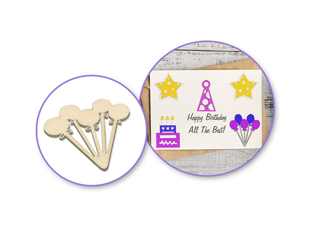Paper Craft Emb: 45pc Mini Wood Emb in 9-Comp Box E) Birthday