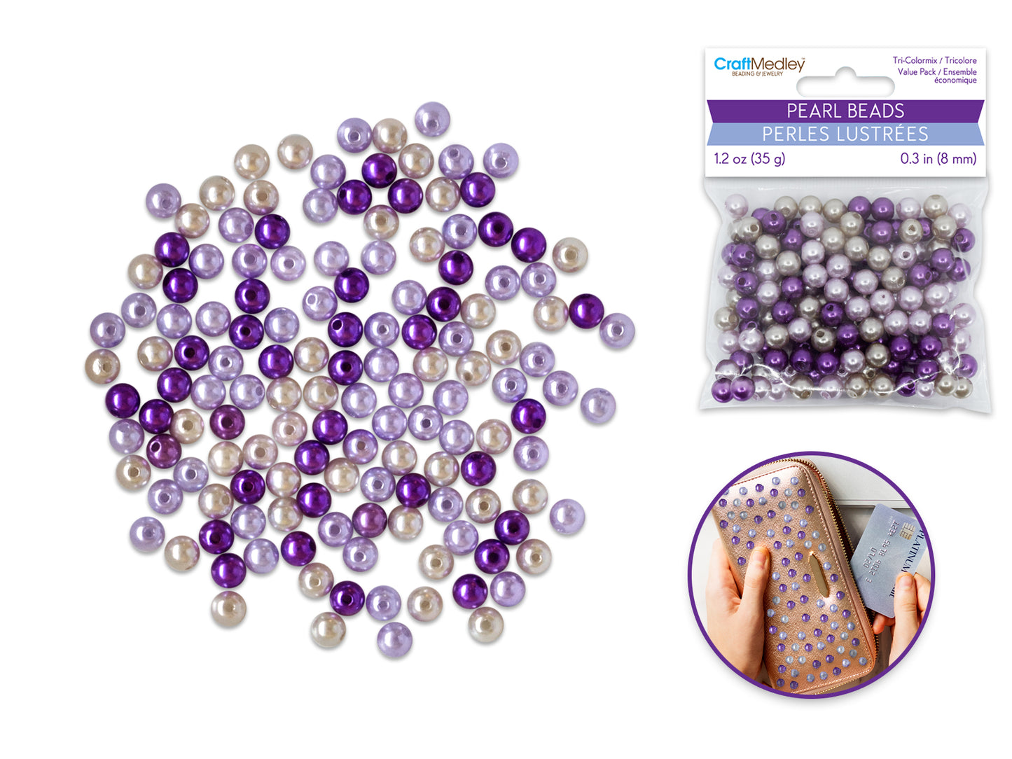 Pearl Beads: 8mm Gloss Tri-Colormix 35gms F) Purple