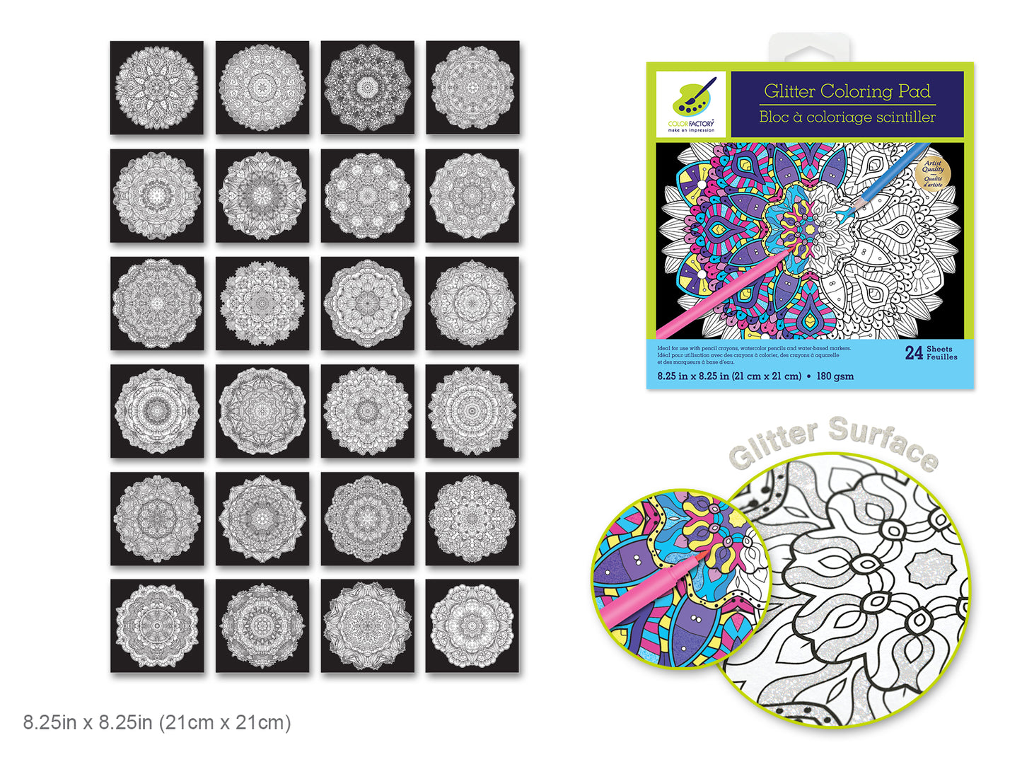 Color Factory: Glitter Coloring Pad 8.25"X8.25" 180Gsm 24Sht J) Classic Mandala