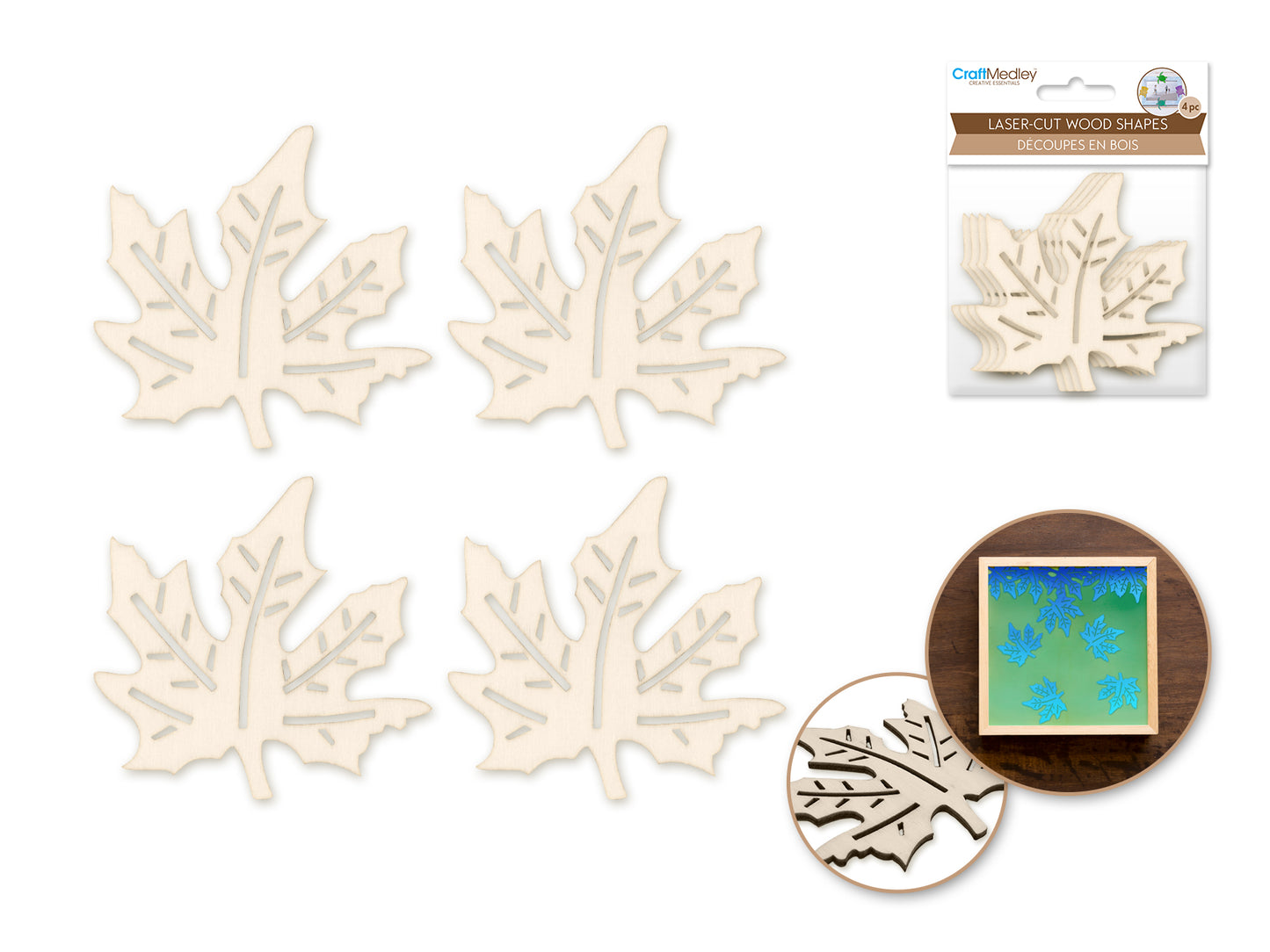 Wood Craft: 8cm Laser-Cut Ornate Wood Shapes x4 M) Maple Leaf