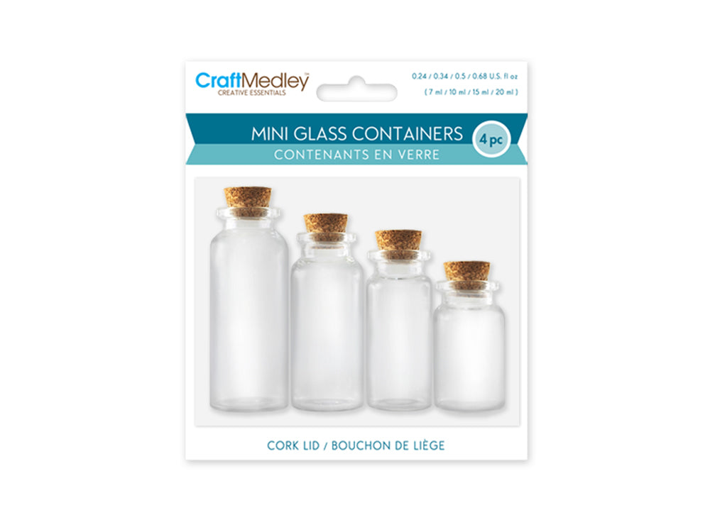 Glass Bottles: Mini Containers w/Cork Lid x4 7ml/10ml/15ml/20ml