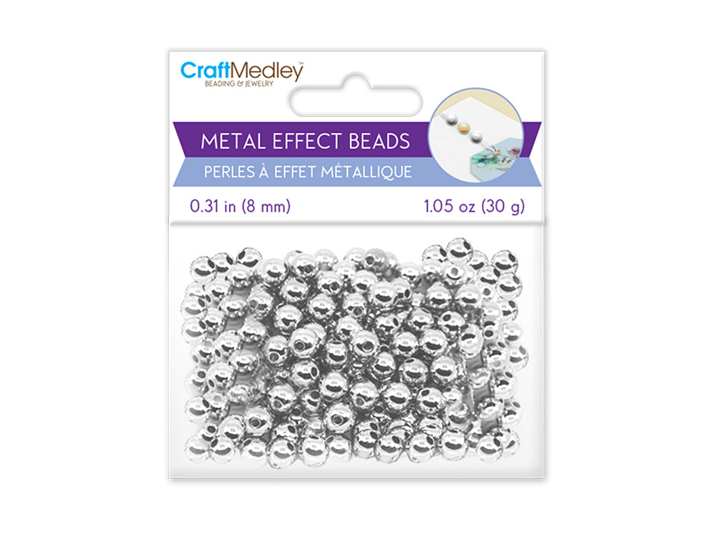 Metal Effect Beads: 8mm Luster Electroplated Round 30g C) Silver