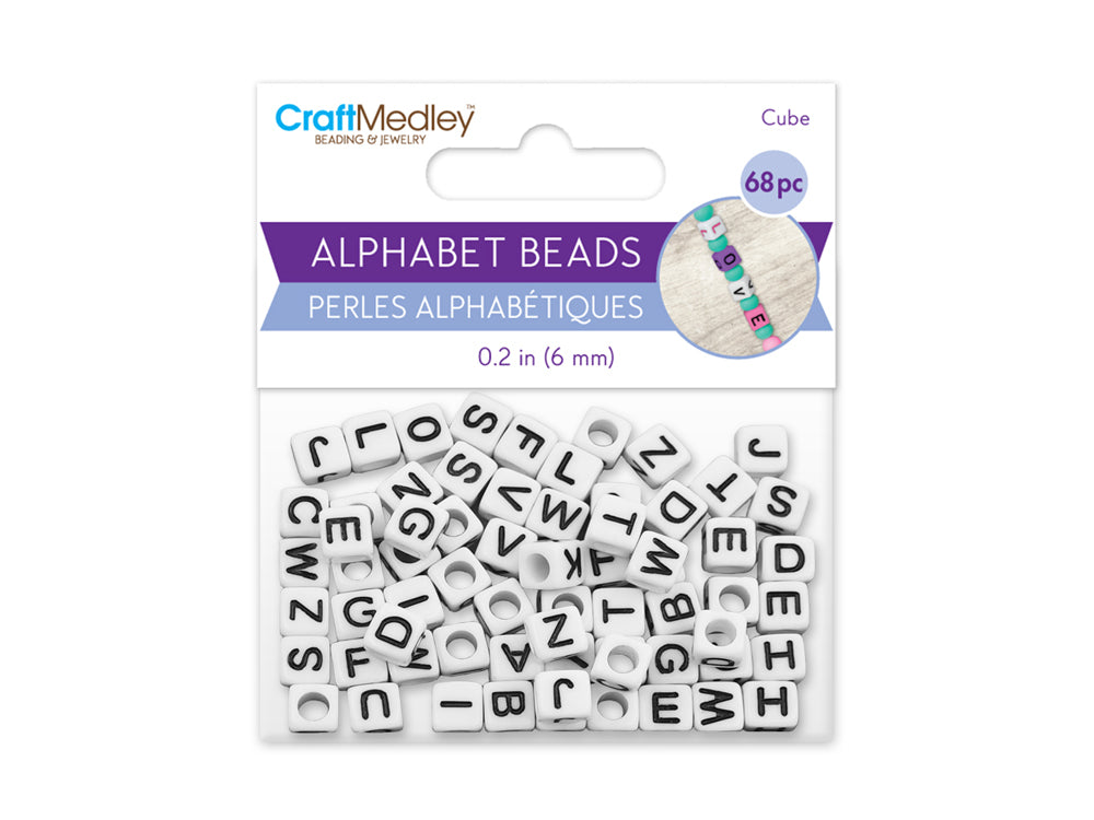 Alphabet Beads: 6mm Cube 68ct C) White w/Black Letters