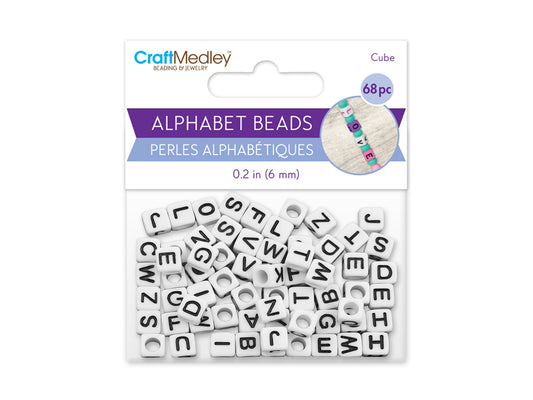 Alphabet Beads: 6mm Cube 68ct C) White w/Black Letters