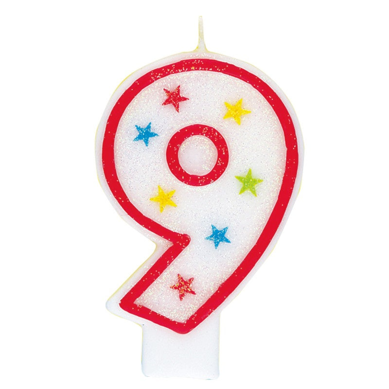 Number 9 Glitter Birthday Candle with Cake Decoration