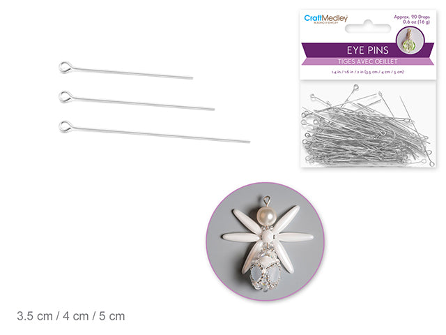 Jewelry Findings: 3.5cm/4cm/5cm Eye Pins w/Loop x90 Drops B) Silver