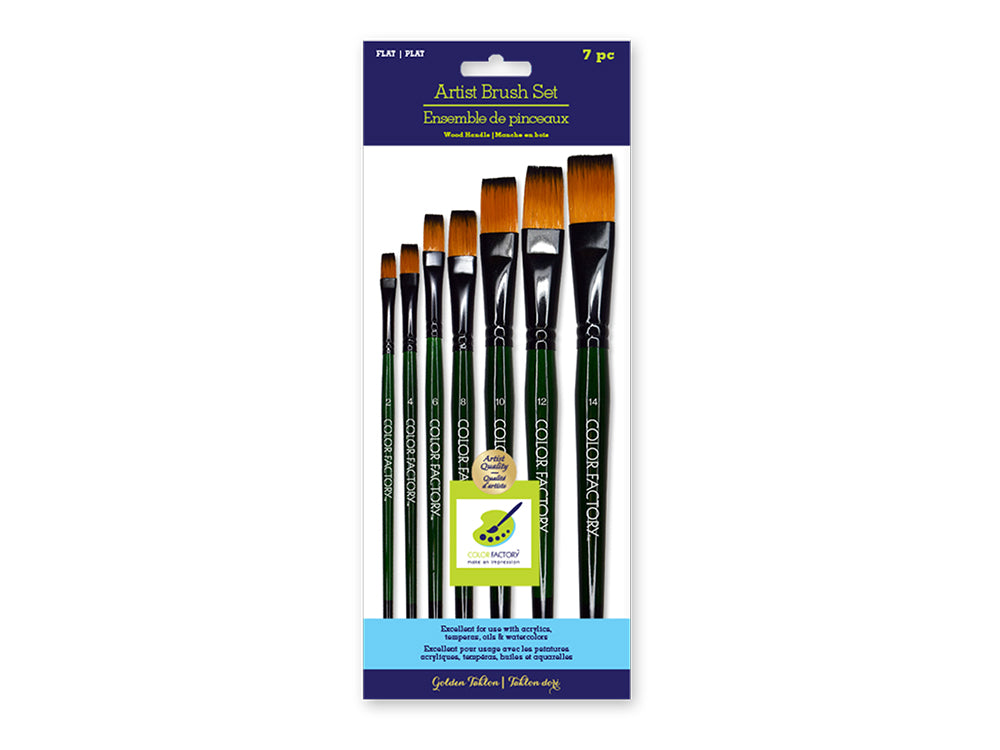 Artist Brush Set: 'Fierce' Art Set x7 Wood Handle A) Flat