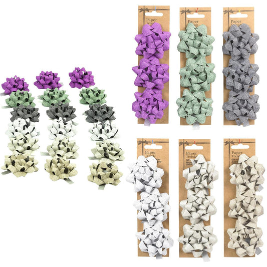 Paper T. 3pcs 3" Glitter Star Bow, 6 Colours, Kraft Card