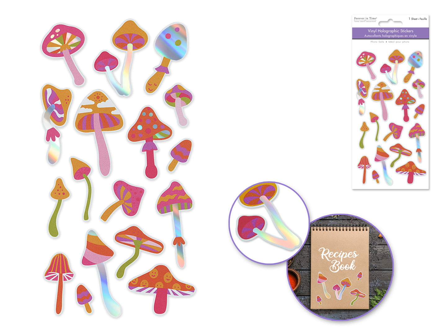 Paper Craft Sticker: 3.9"x7.5" Vinyl Holographic C) Mushroom