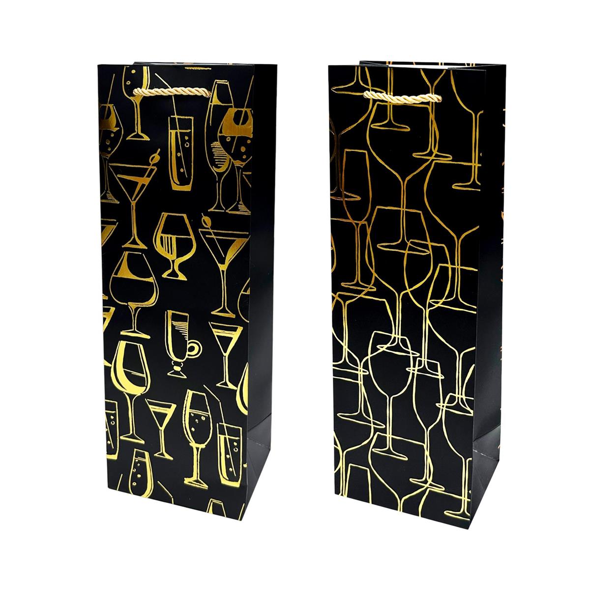 Paper T. Gift Bag, Bottle, 2Asst Black/Gold, HS 210GSM, Tag +j-hook
