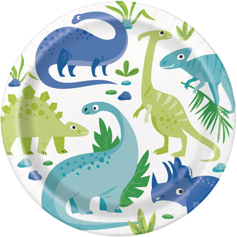 Blue & Green Dinosaur Round 9" Dinner Plates  8ct