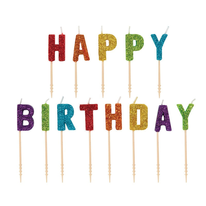 Rainbow Glitter "Happy Birthday" Letter Pick Birthday Candles  13pc