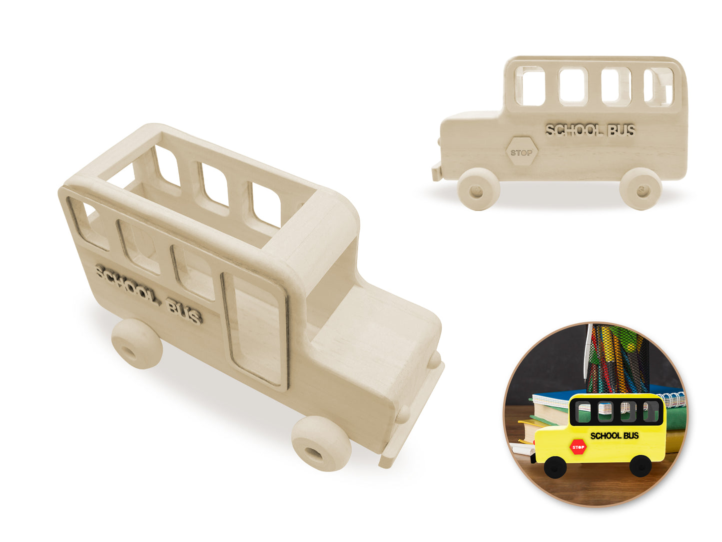 Wood Craft: 8" DIY Solid Wood Vehicle Desk Organizer w/Wheels A) School Bus