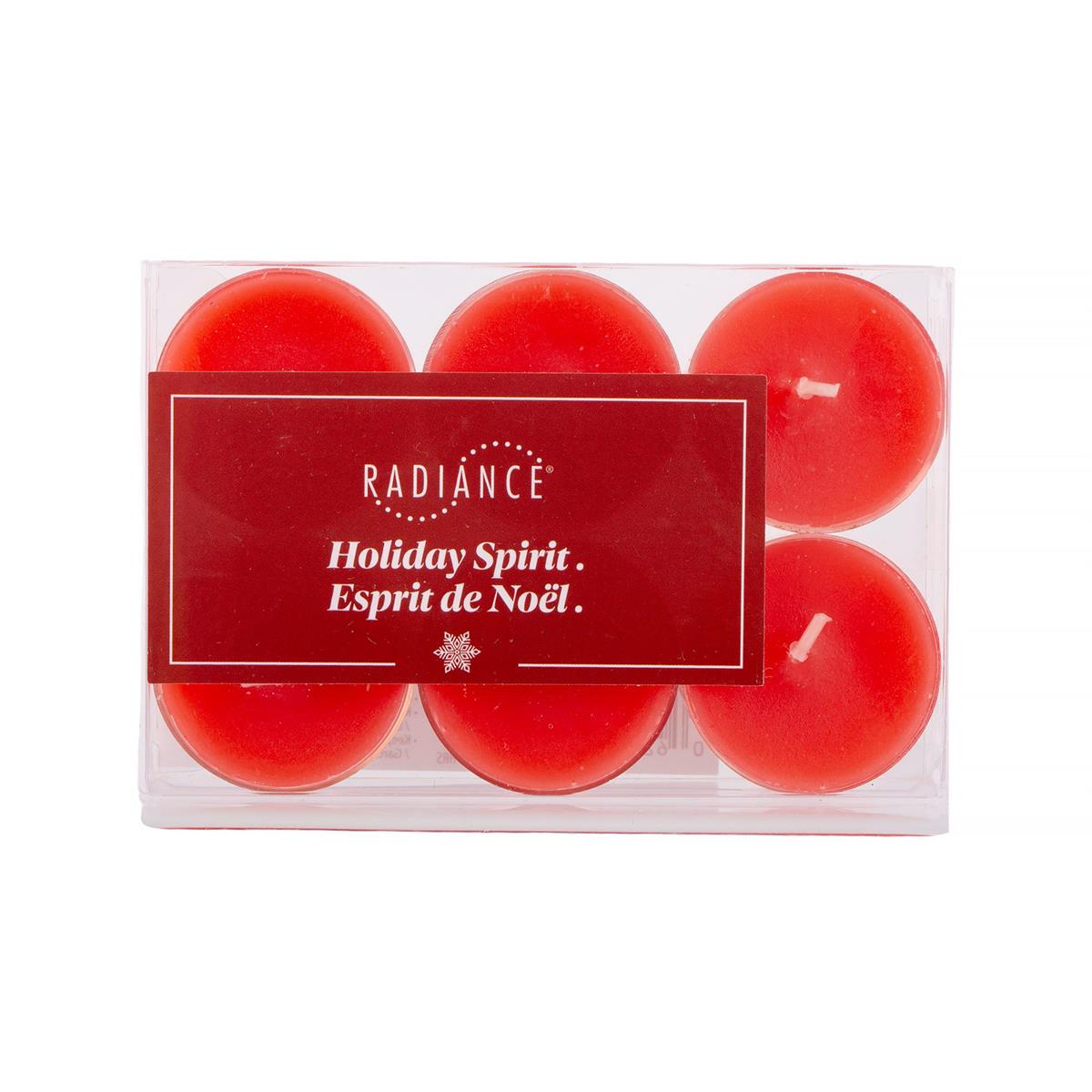 Radiance 6pk Scented Tealights, Holiday Spririt, Clear Cup, PVC Box