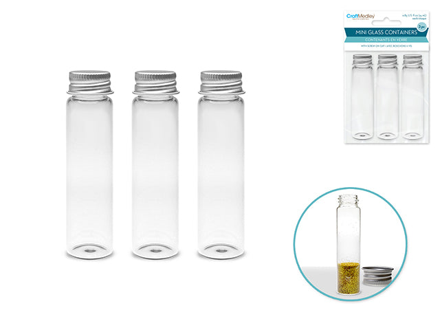 Glass Bottles: 22x95mm (0.85oz) Mini Containers w/Matte Aluminum Cap x3