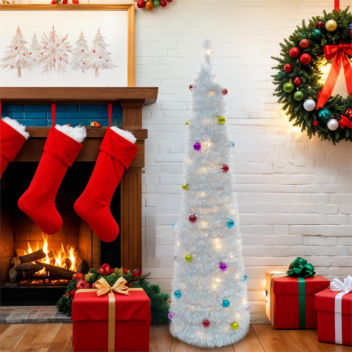 Deco N. 5ft Pop-Up Xmas Tree w/100 LED Lights & 36 Balls, ETL, Opal, boxwhite box with color label