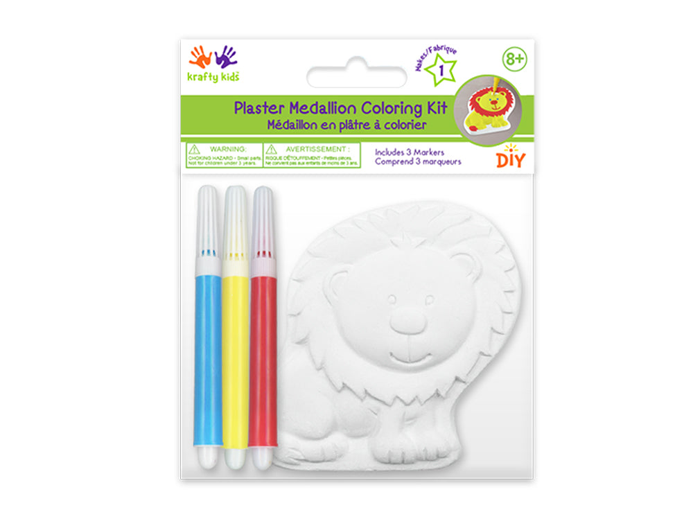 Krafty Kids Kit: 2.75" DIY Plaster Medallion Coloring Kit w/3 Markers C) Lion