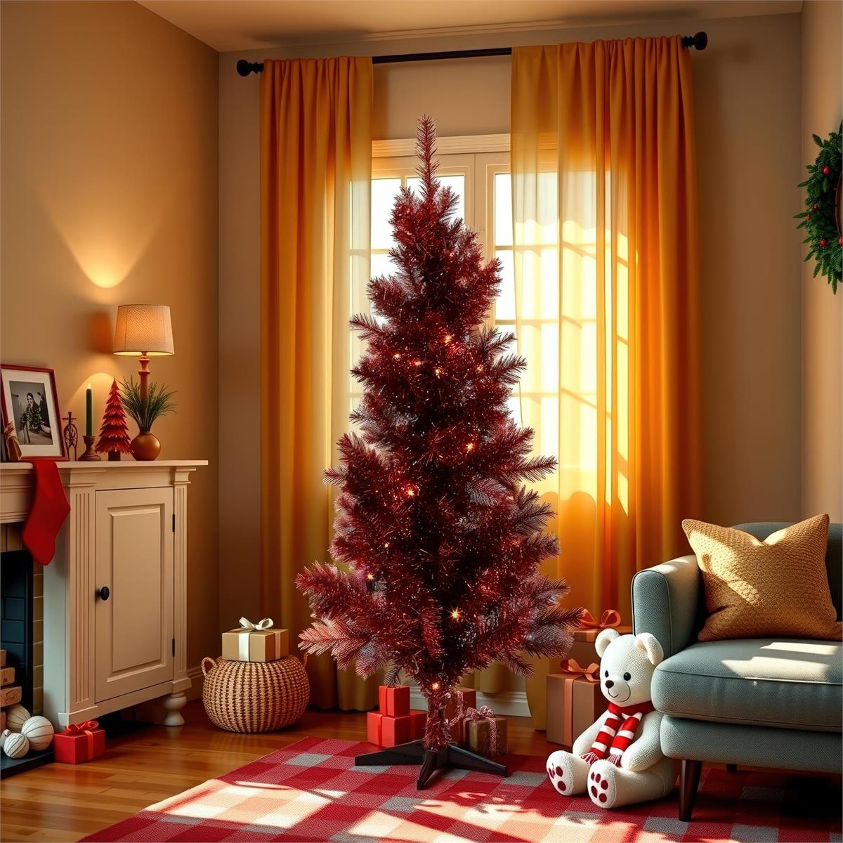 Deco N. 4ft 120 Tips Tinsel Xmas Tree, 70 LED, Red, ETL