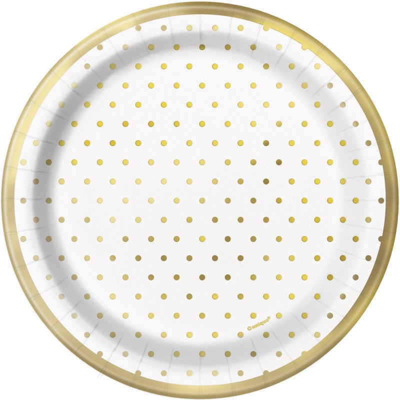 Elegant Gold Foil Dots Round 7" Dessert Plates  8ct - Foil Stamping