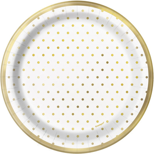 Elegant Gold Foil Dots Round 7" Dessert Plates  8ct - Foil Stamping