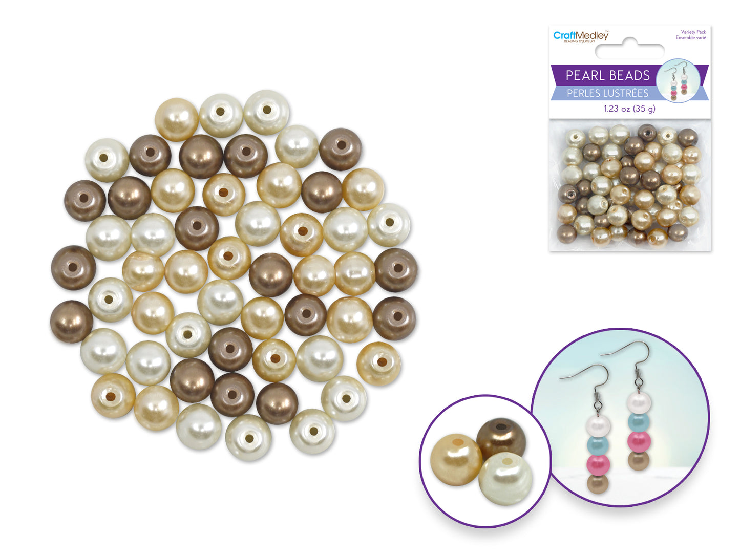 Pearl Beads: 8mm Glass Fired Pearls 35g 3-Col Asst Multi-Pack B) Java