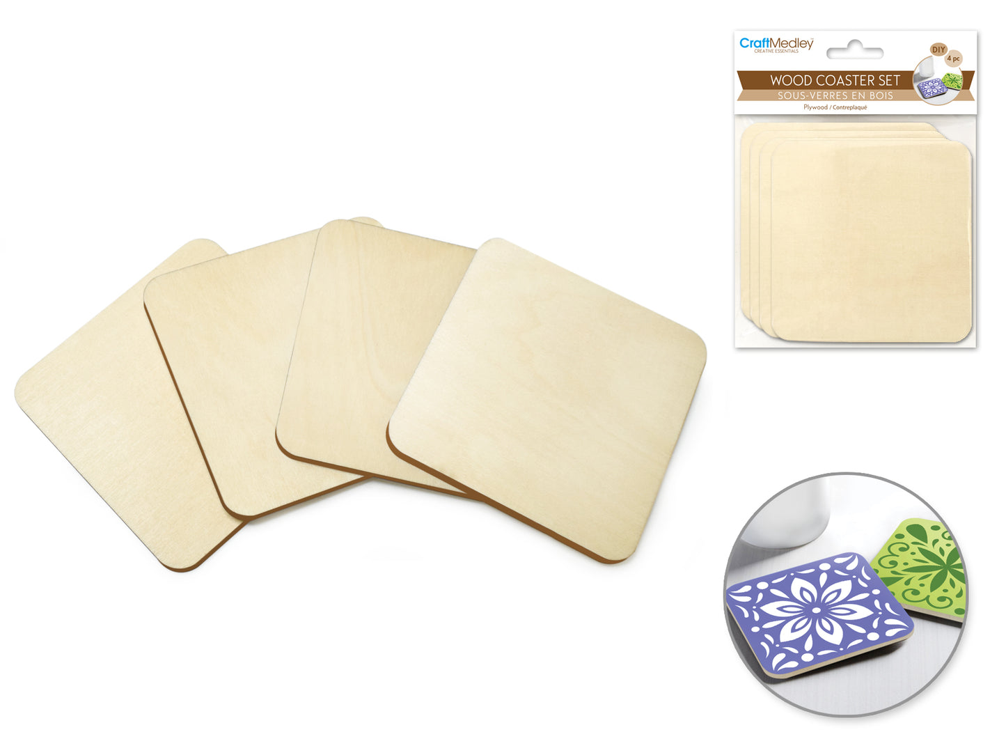 Craftwood: 9.5cm DIY Plywood Coasters 4pc 5mm(T) B) Square