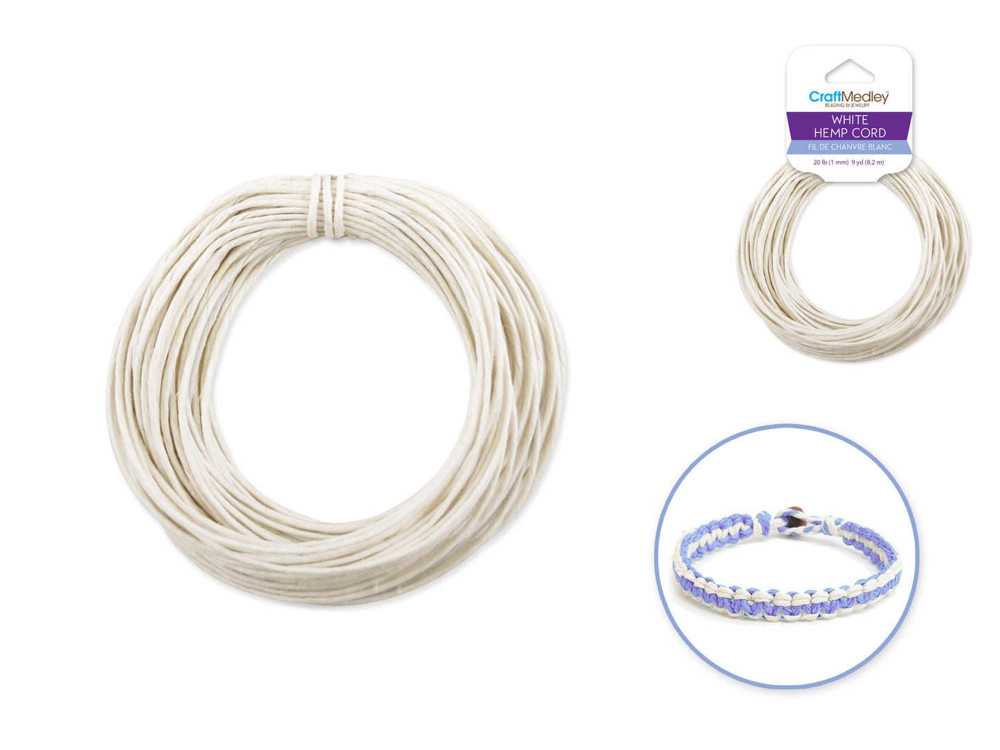 Natural Hemp Cord: Colored 20lb (1mm) 9yd/hank A) White