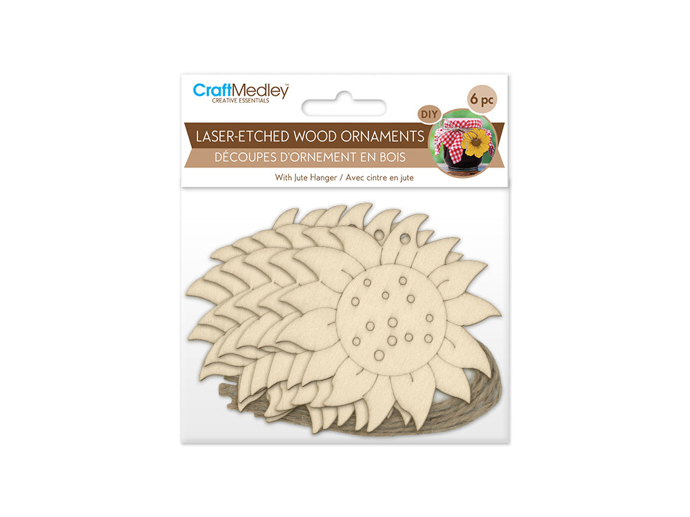 Wood Craft: 3.5" Laser-Etched Wood Shapes 6pc w/Jute E) Sunflower