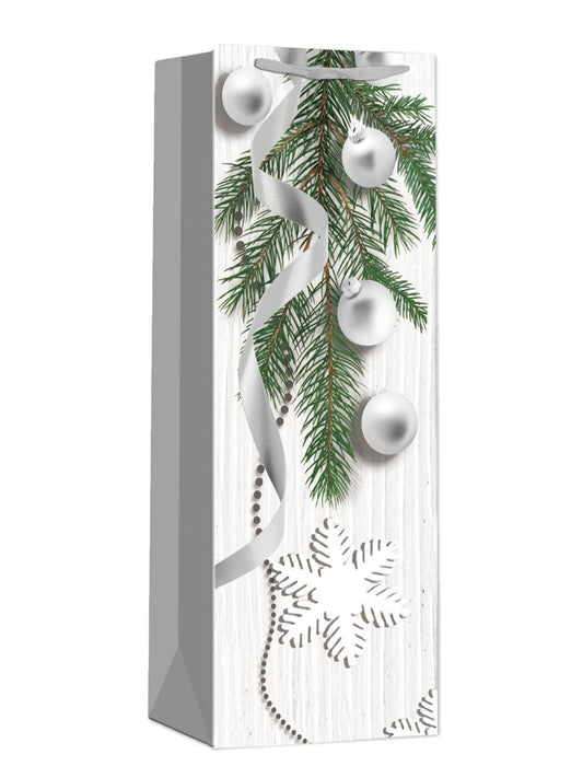 Paper T. Xmas Gift Bag, Orns on White, Bottle, Matte+Glitter, tag+j-hook 5.12"x14.2"x3.35", 210gsm