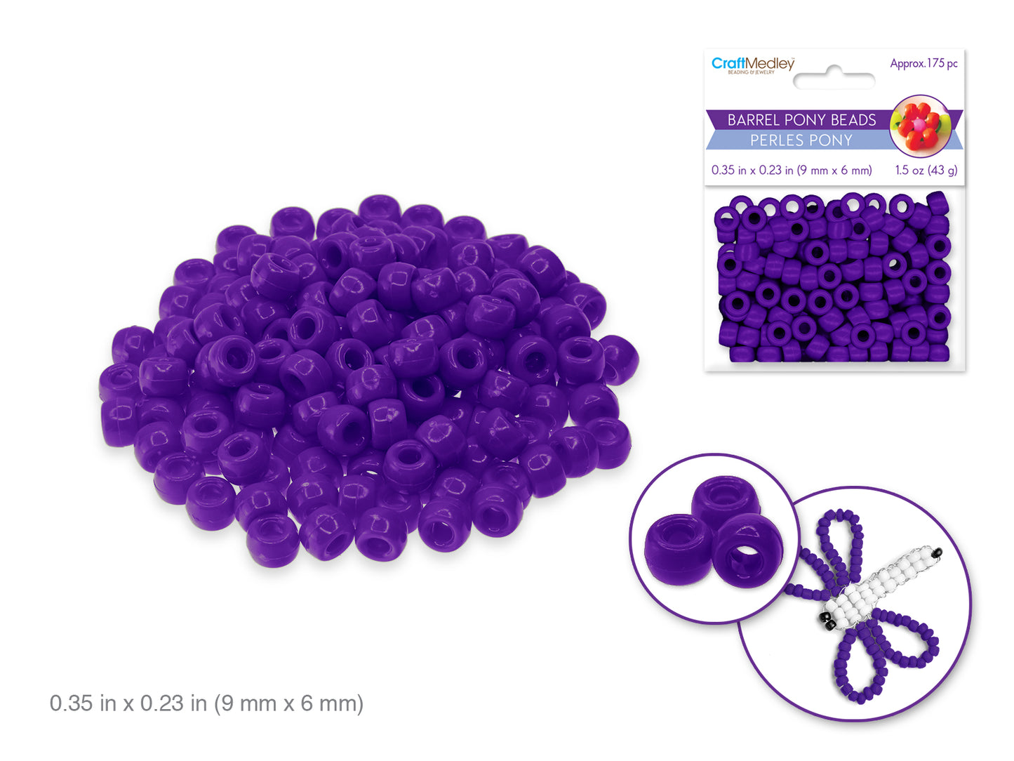 Pony Beads: 9mmx6mm Barrel Standard x175 K) Purple