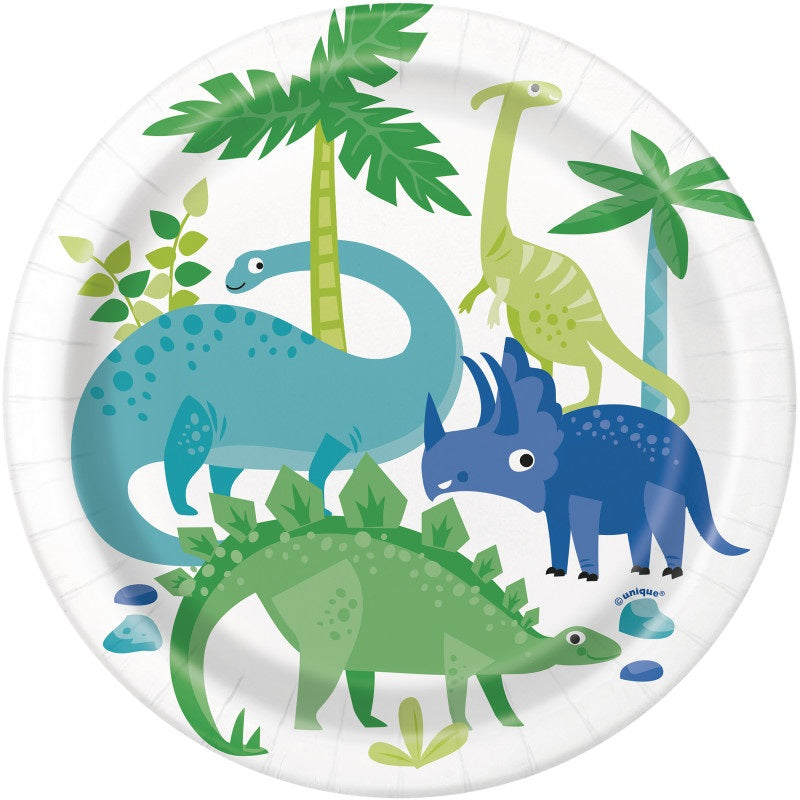 Blue & Green Dinosaur Round 7" Dessert Plates  8ct