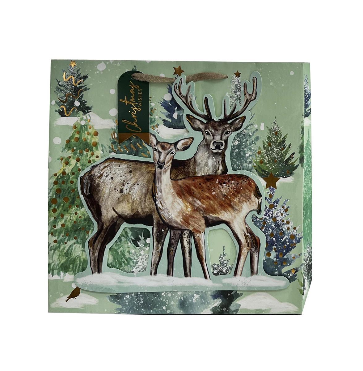 Paper T. Xmas DLX Gift Bag, Deer, Square Jumbo, HS+3D, j-hook+tag, 13.5"x13.5"x4.75", 250gsm
