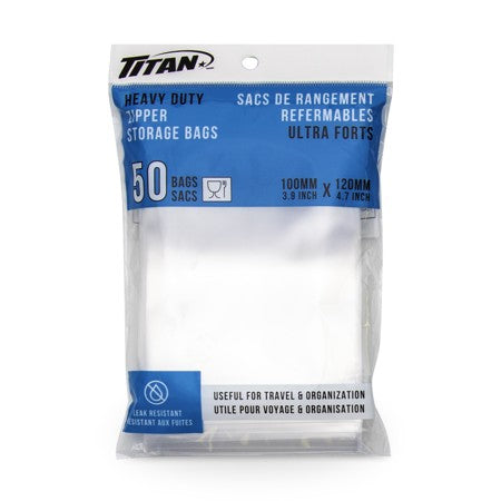 TITAN HEAVY DUTY ZIPPER STORAGE BAGS 100MM X 120MM 50 BAGS/PK
