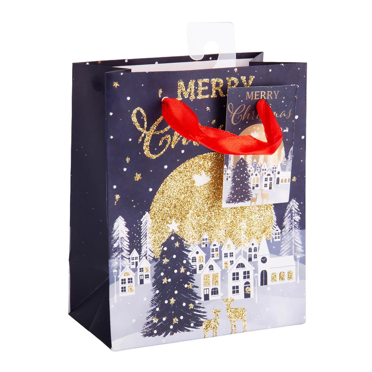 Paper T. Xmas Gift Bag, Small, Matte+Glitter, j-hook + tag, 210gsm