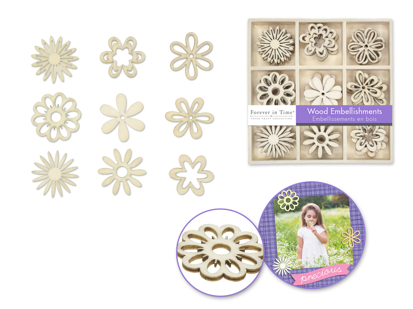 Paper Craft Emb: 45pc Mini Wood Emb in 9-Comp Box A) Floral