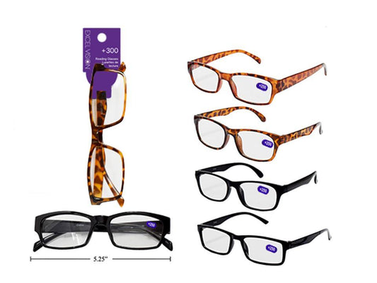 Excel Vision +300 Reading Glasses, 3 styles 2col, header card+opp bag