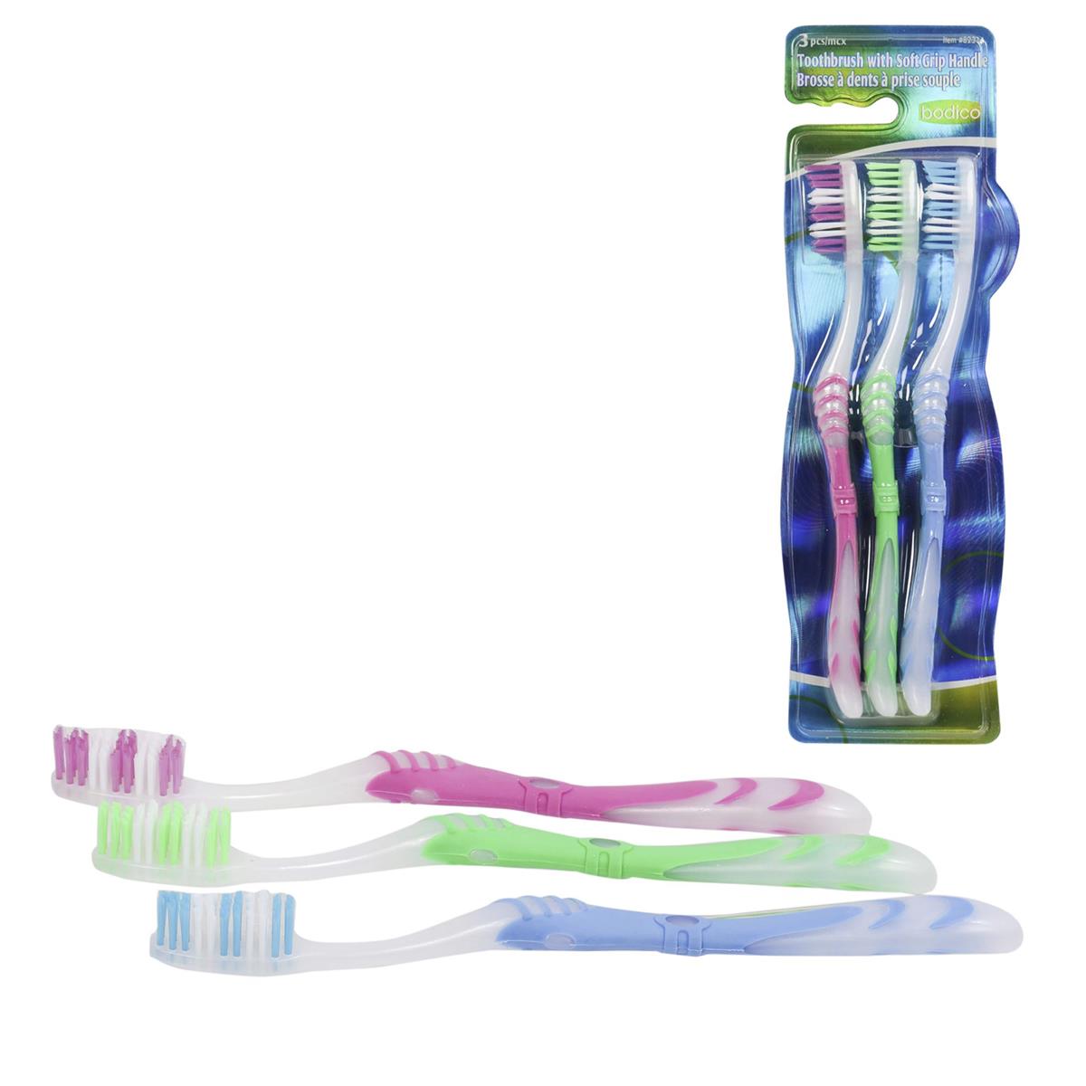 Bodico 3-pc Toothbrush w/Soft Grip Handle, b/c,3col,(HZ)