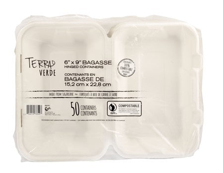 HINGED BAGASSE CONTAINERS 6" x 9" 50/PK x 2/CS (1111582 /1691440)