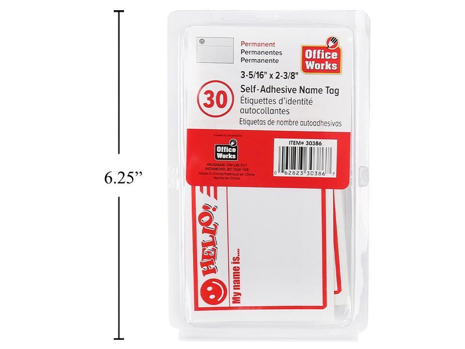 O.WKs. 30-pc Name Tag, 3-5/16" x 2-3/8", clam pack