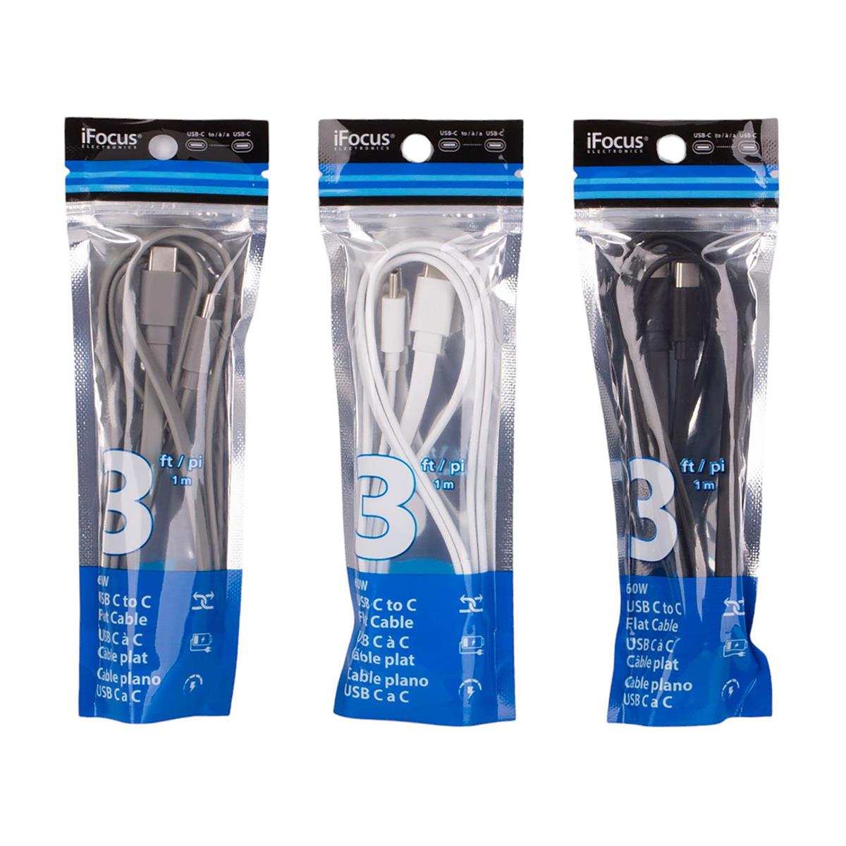 iFocus 3ft 60W USB C-C Flat Cable 3 Colours PD2.0 Tangle-Free Cable