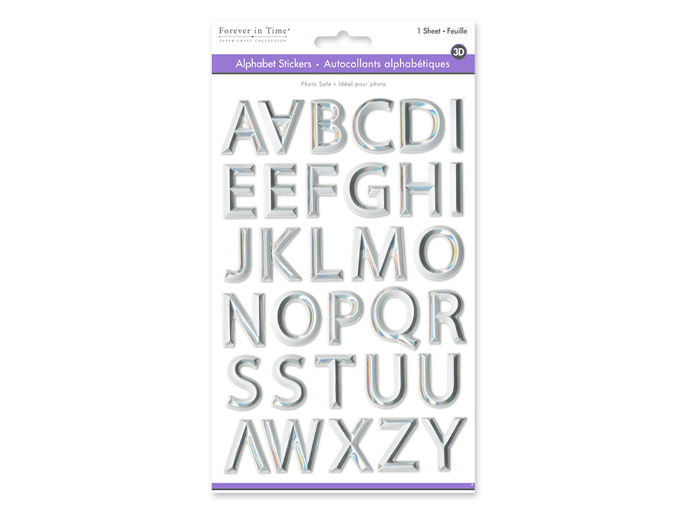 Paper Craft Sticker: 5.7"x9.8" 3D Alpha PVC B) White w/Silver Foil