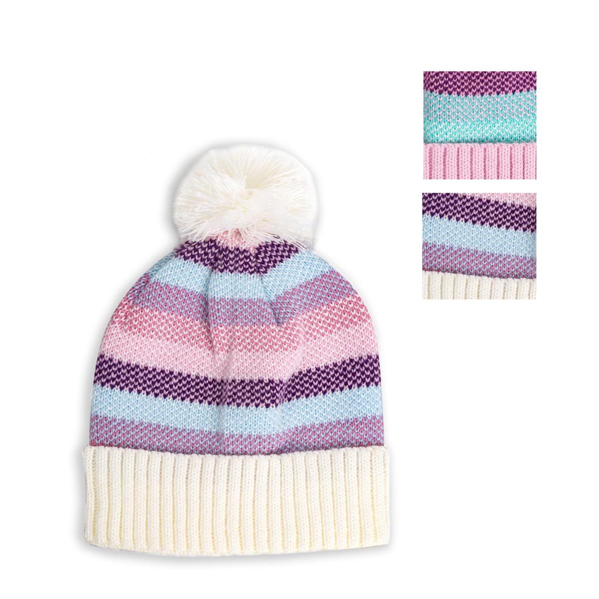Nordic T. Girls "Jana" Stripe Beanie, w/Pom Pom, 6-8y, 2 asst, ht