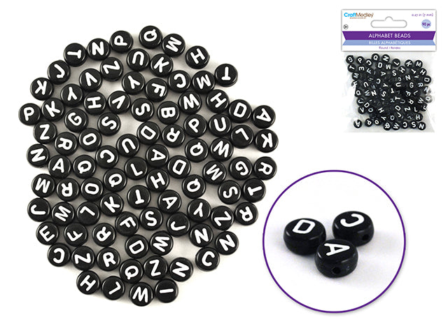 Alphabet Beads: 7mm Round 90ct 4mm(T) C) Black w/White Letters