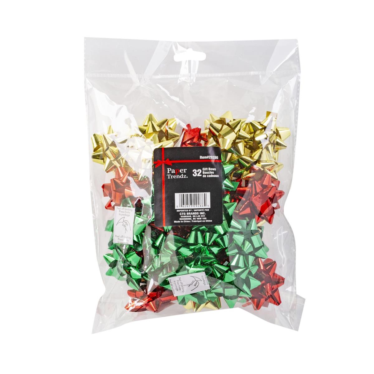 Paper T. Xmas 32pcs 2" Gift Bows, Asst. Cols., polybag w/col. label