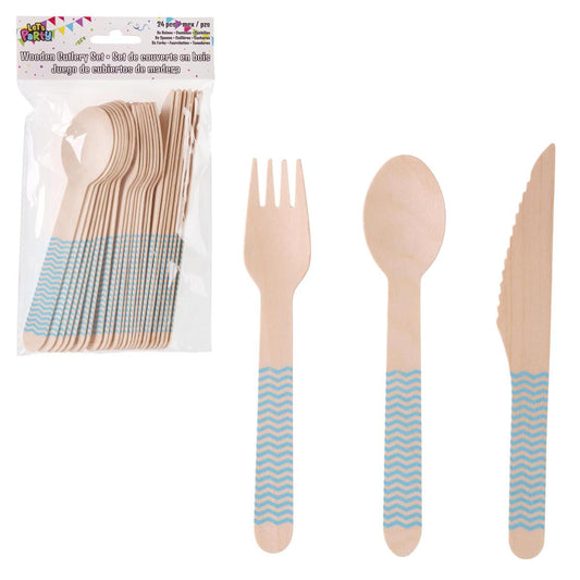 Let's Party 24pcs. Wooden Cutlery set. Baby Blue
