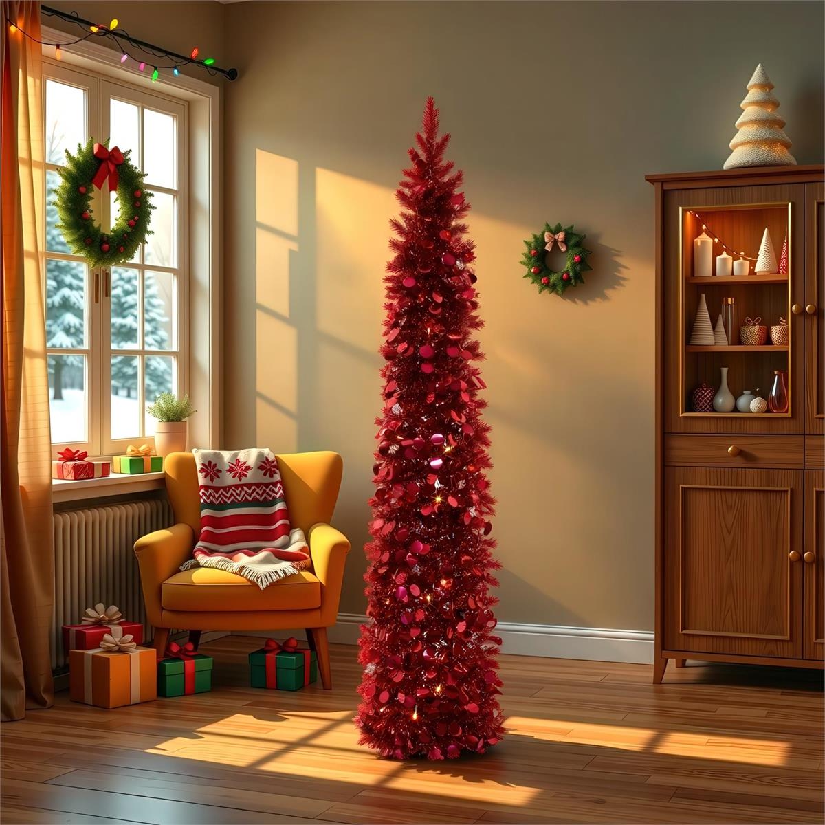 Deco N. 5ft Pop-Up Xmas Tree w/70 LED Lights, ETL, Red, box