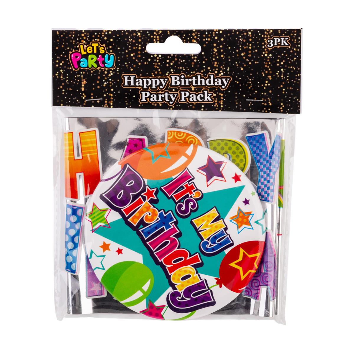 Let's Party Birthday Party Pack, Birthday Badge, Multicolor Metallic Foil Confetti, Birthday Banner